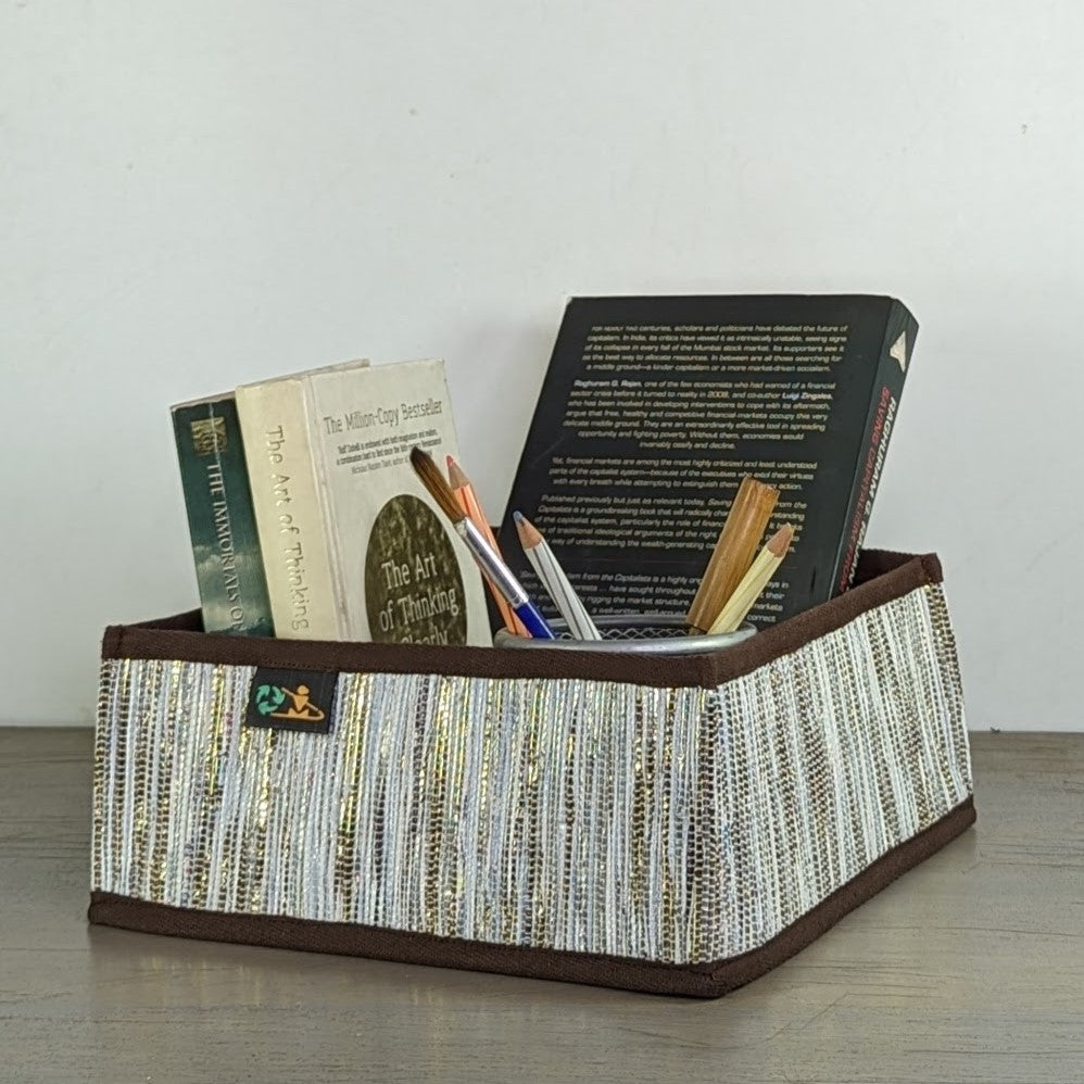 (CSBS0324-108) Cassette Tape Brown and Golden Shimmery Waste Plastic Wrappers Upcycled Handwoven Collapsible Storage Basket Small