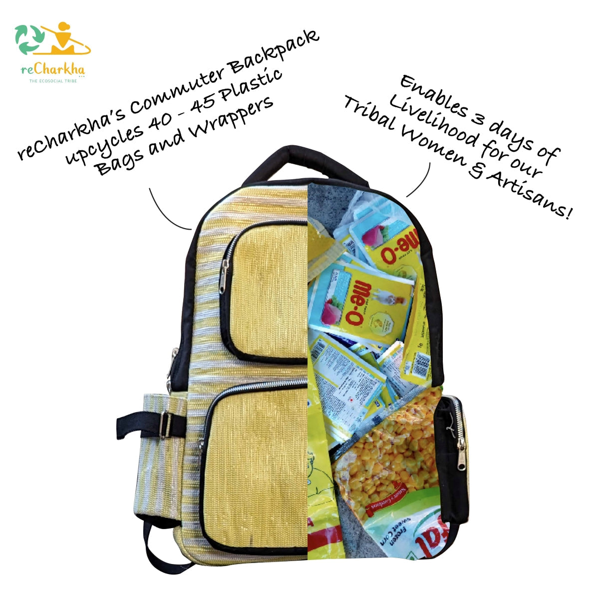 recharkha upcycled handwoven commuter backpack handmade in india from waste plastic bags and wrappers