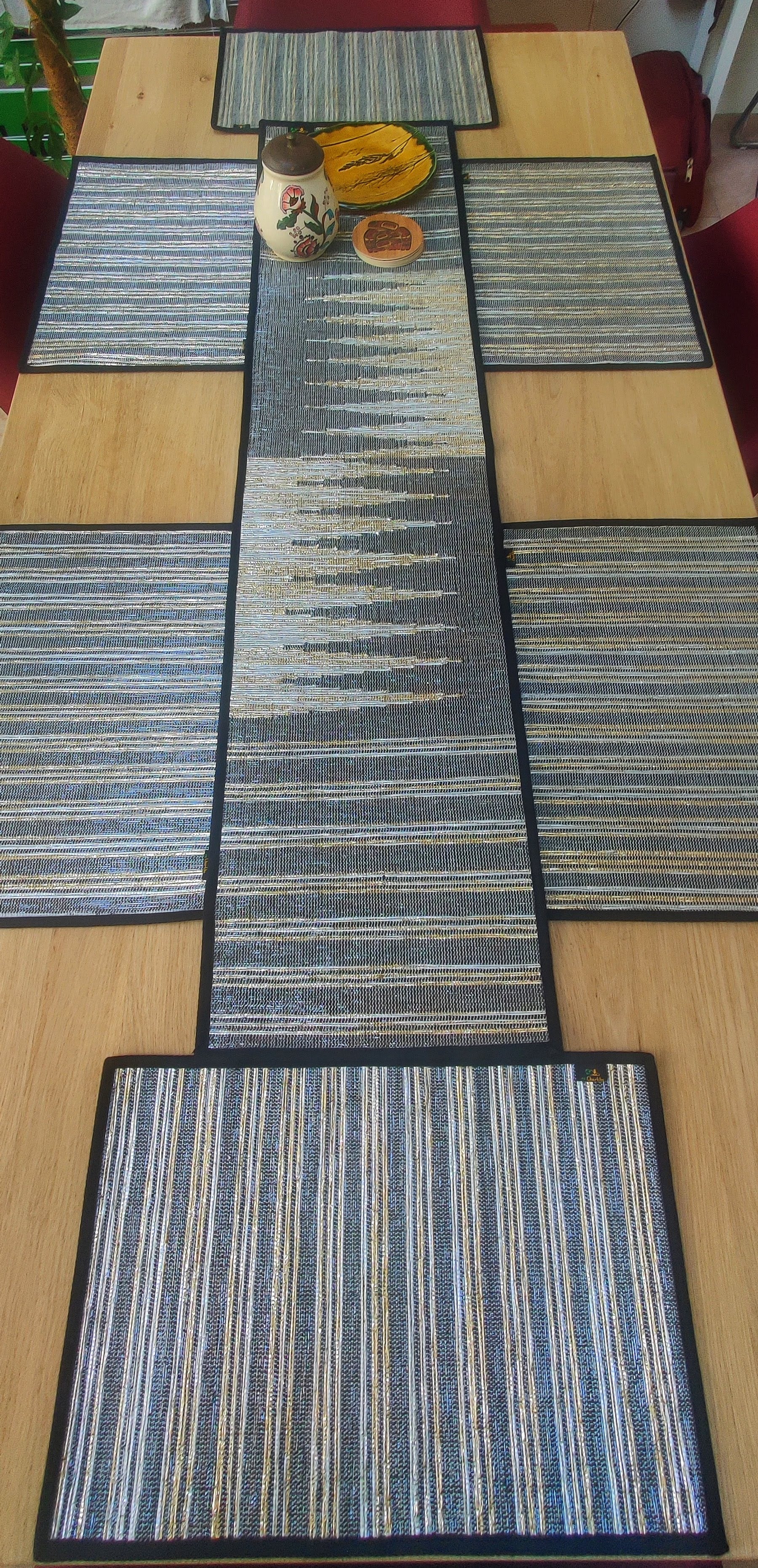 Pink Silver Striped Upcycled Handwoven Table Runner (TR1224-004) PS_W