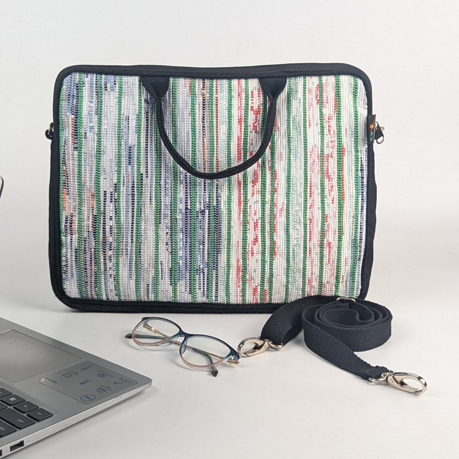 Multi Colour mix  with Green Stripes Upcycled Handwoven Laptop Sleeves 14 inches (LSB140225-005) PS_W