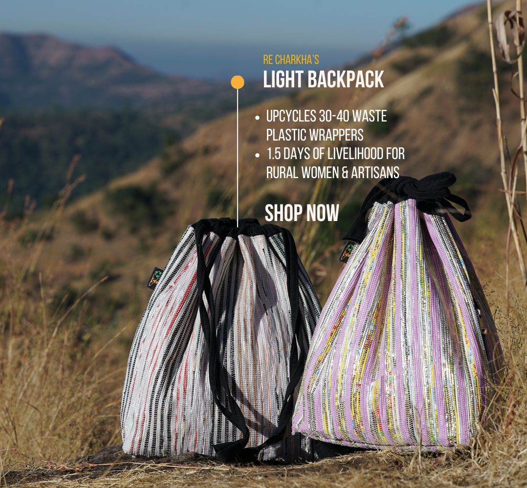 White with Black Yellow Blue stripes Upcycled Handcrafted Light Backpack (NLBP0225-003) PS_W