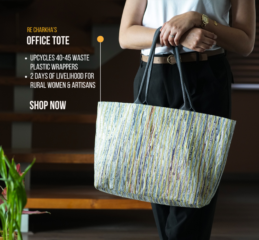 Blue Bands with Black Tower Pattern Upcycled Handwoven Designer Office Tote (OTD0225-009) PS_W
