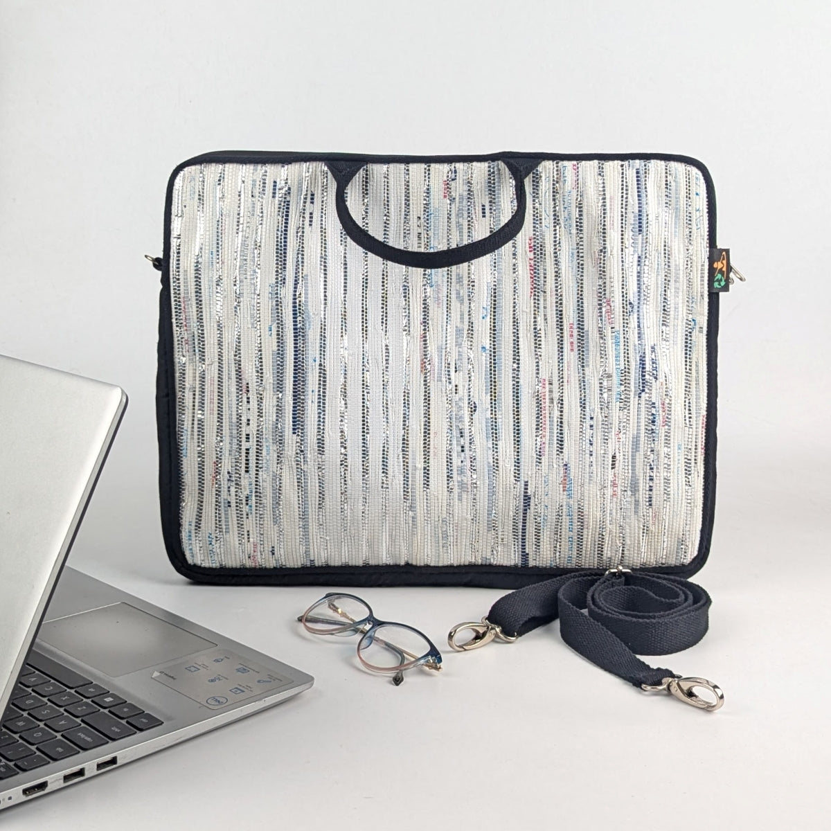 Shimmery Multicolored Striped Upcycled Handwoven Laptop Sleeve 16 inch (LSB161124-002) PS_W
