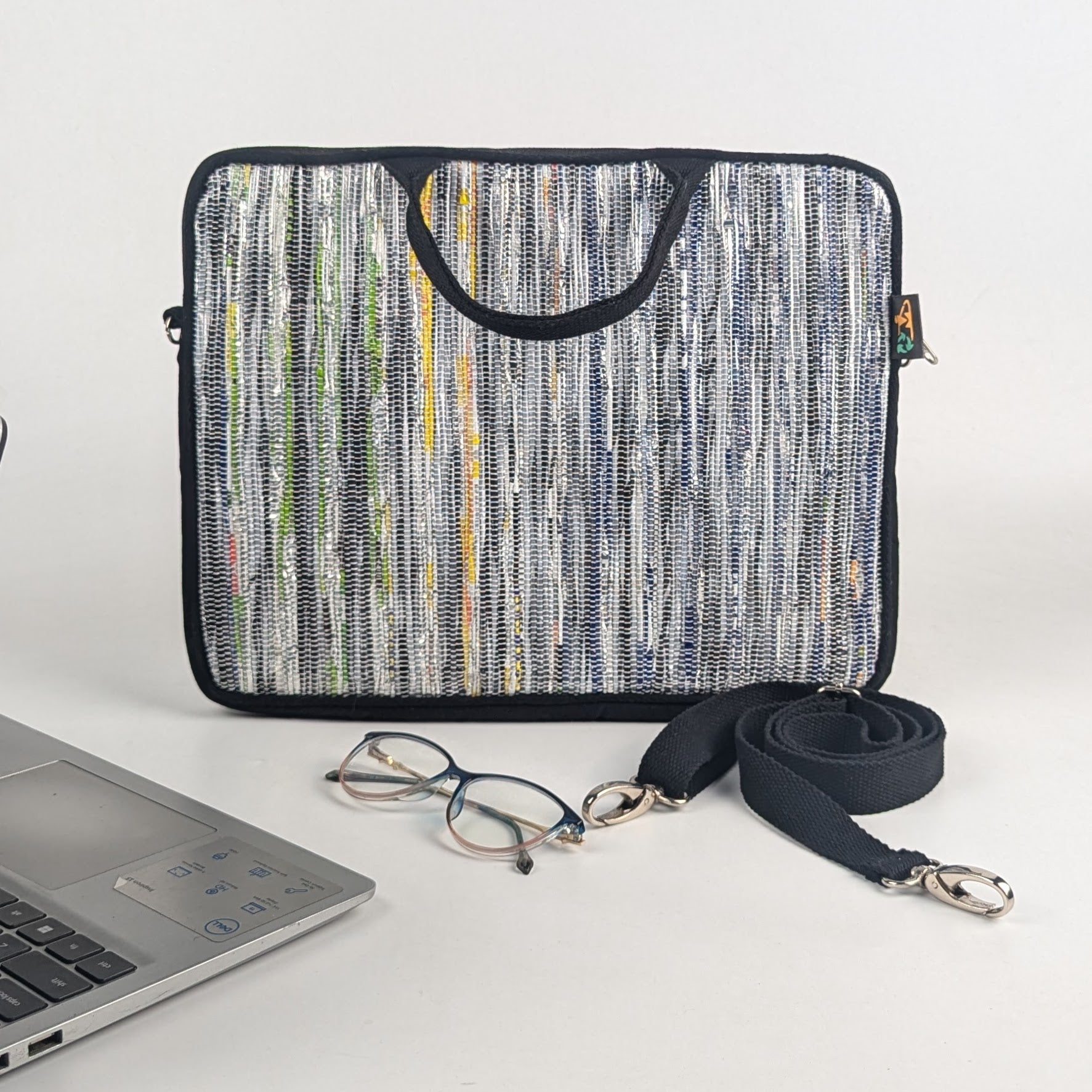Silver with Yellow Blue mix Upcycled Handwoven Laptop Sleeve 14 inch (LSB140225-003) PS_W