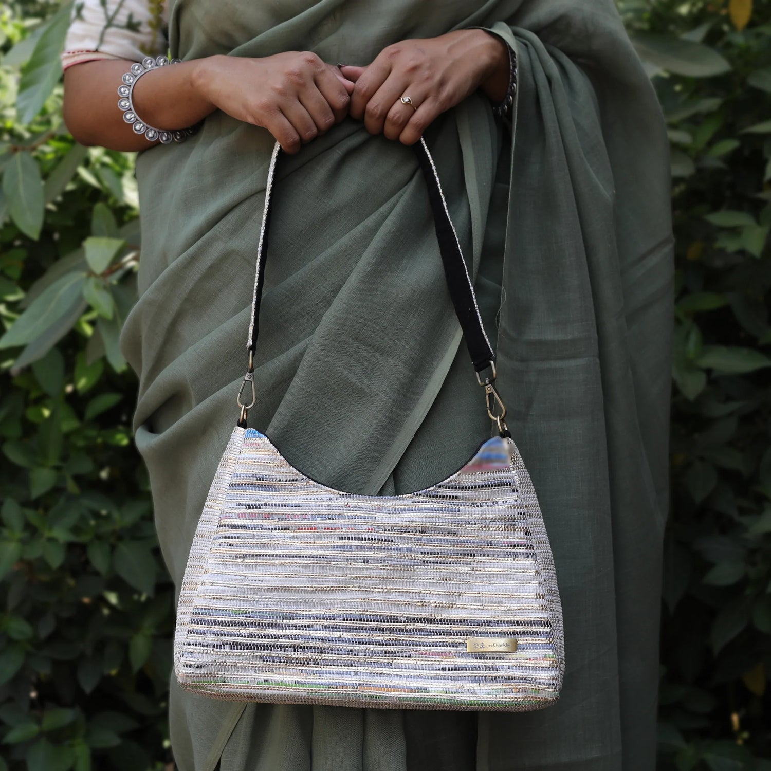 recharkha upcycled handwoven Baguette bag made in India on Handloom and charkha