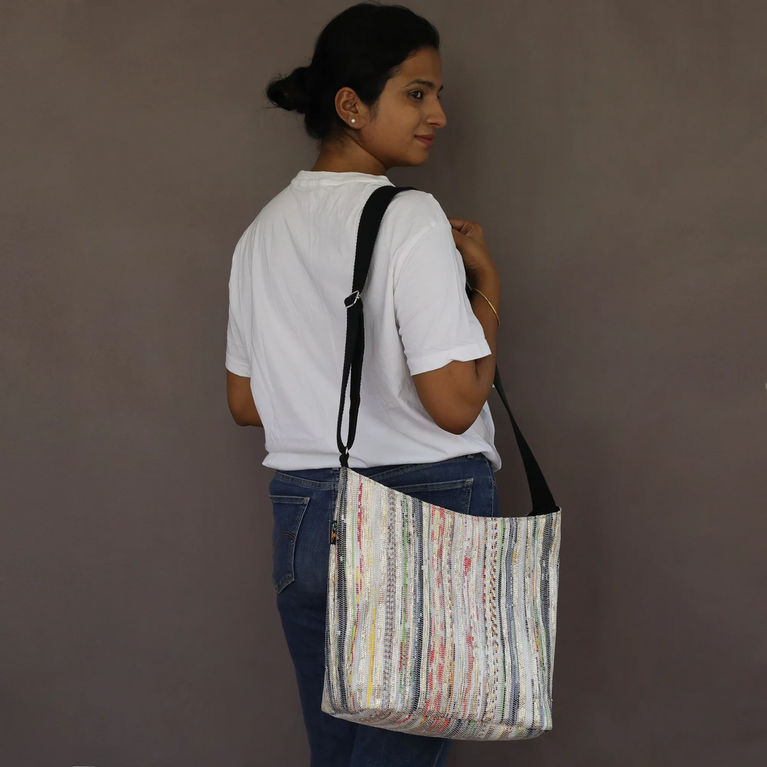 recharkha upcycled handwoven Eclipse Jhola Sling bag made in India on Handloom and Charkha (Spindle)