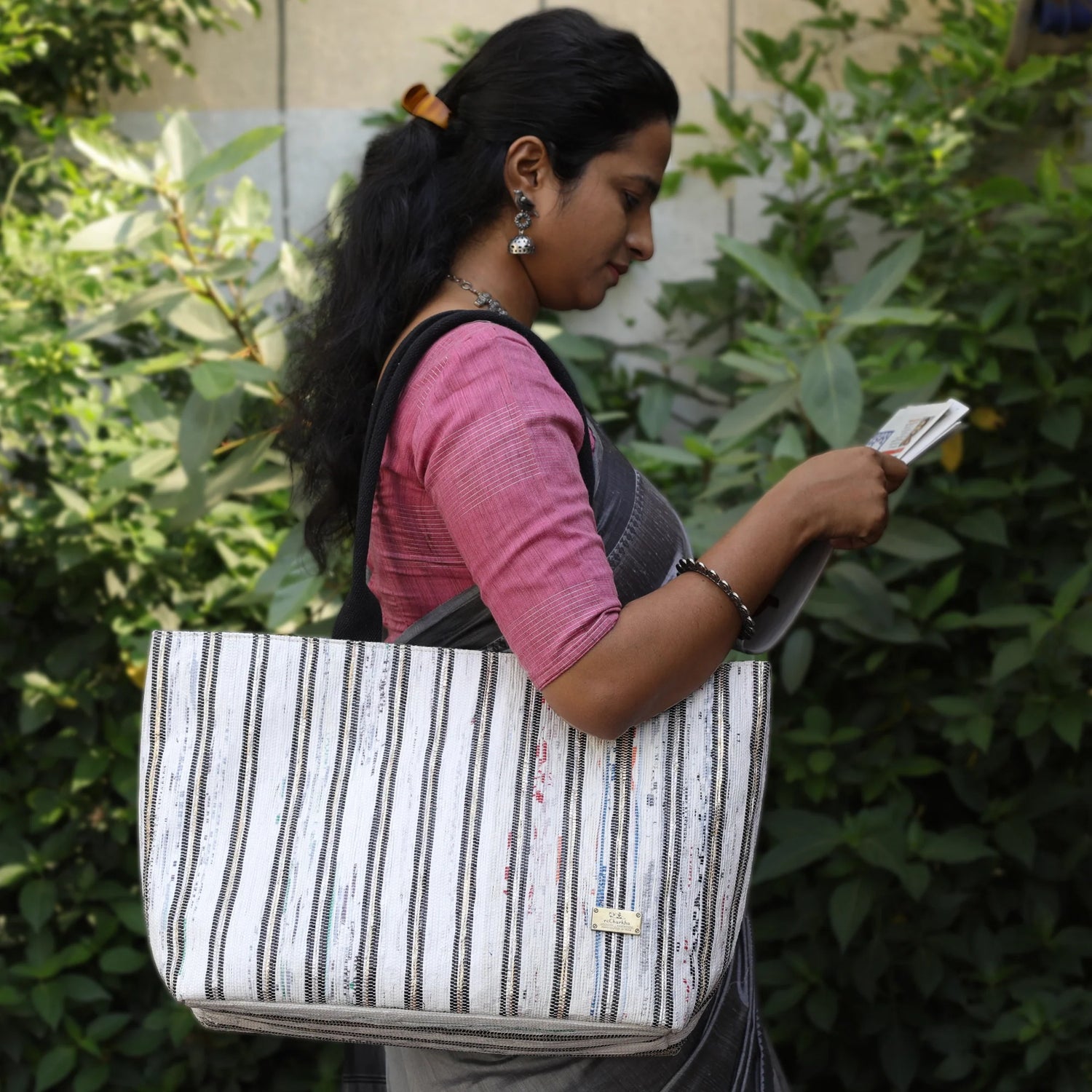 recharkha upcycled handwoven Office Tote made in India on Spindle and Handloom