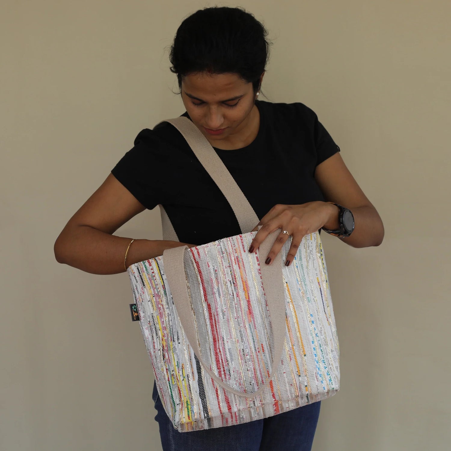 recharkha upcycled handwoven Shopper Tote Bag  made in India on Handloom and Charkha (Spindle)