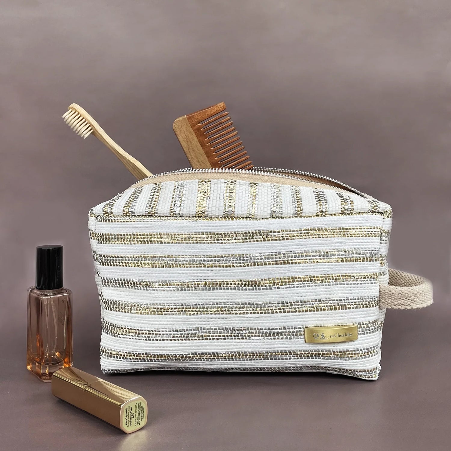 recharkha upcycled handwoven Travel Pouch  made in India on Handloom and Charkha (Spindle)