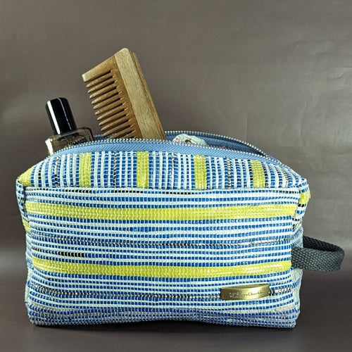 Blue White Yellow Waste Plastic Wrappers Upcycled Handwoven Travel Kit (TK0524-004)