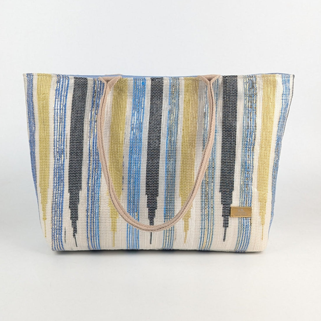Blue Bands with Black Tower Pattern Upcycled Handwoven Designer Office Tote (OTD0225-009) PS_W