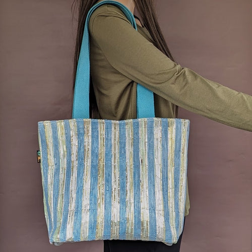 Blue and Golden Shimmery Waste Plastic Wrappers Upcycled Handwoven Shopper Tote (ST0424-020)