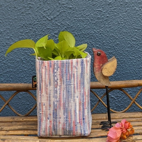Blue and Red Waste Plastic Wrappers Upcycled Handwoven Grow Pot Medium (GPM0424-003) PS_W