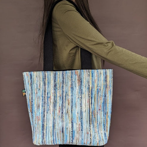 Blue and White Shimmery Waste Plastic Wrappers Upcycled Handwoven Shopper Tote (ST0424-025)