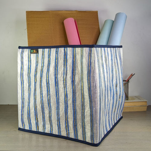 Blue and White with Golden Stripes Waste Plastic Wrappers Upcycled Handwoven Collapsible Storage Basket Big (CSBB0424-007) PS_W