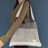 Cassette Tape Brown White and Glittery Golden Waste Plastic Wrappers Upcycled Handwoven Trapeze Tote (TT0424-002) PS_W