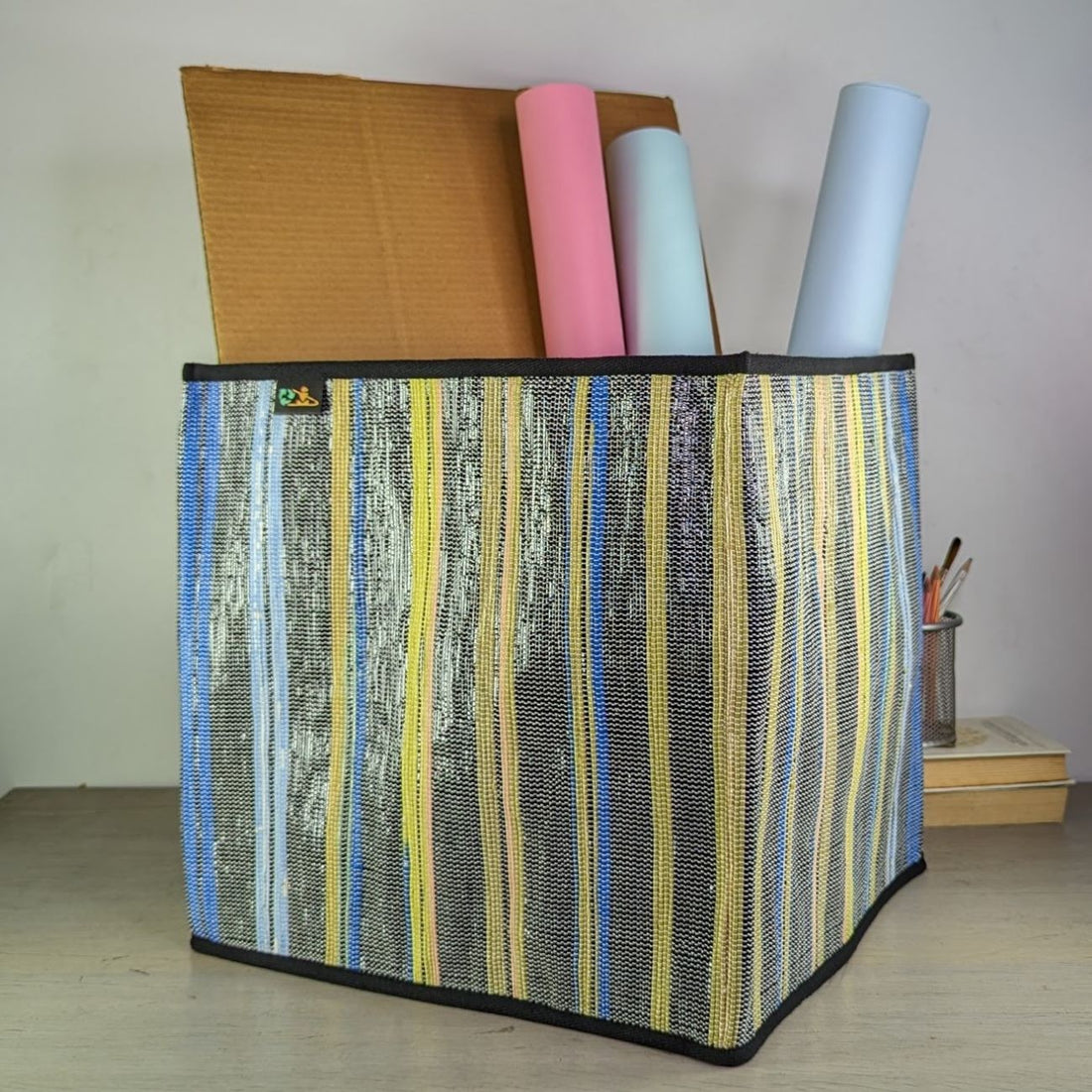 Cassette Tape Brown with Multicolored Stripes Waste Plastic Wrappers Upcycled Handwoven Collapsible Storage Basket Big (CSBB0424-015) PS_W