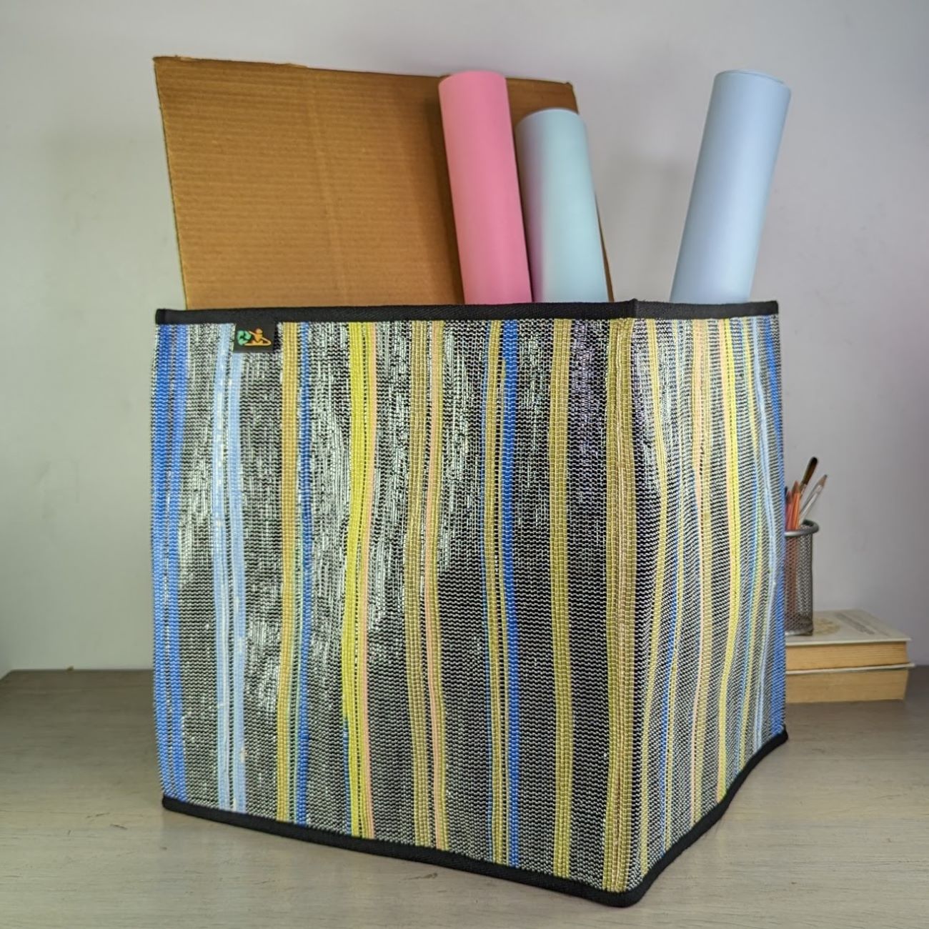 Cassette Tape Brown with Multicolored Stripes Waste Plastic Wrappers Upcycled Handwoven Collapsible Storage Basket Big (CSBB0424-015) PS_W