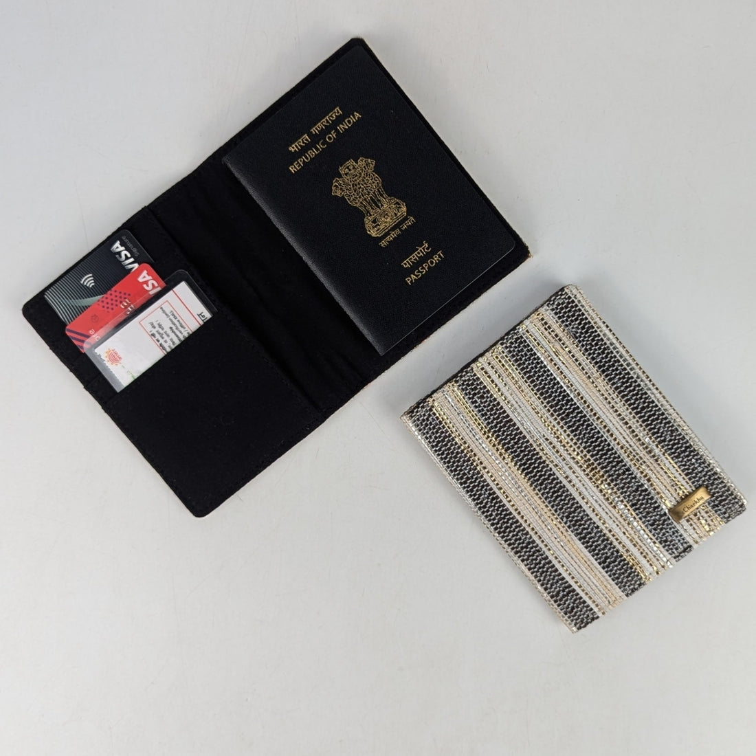 Cassette Tape Black Golden Striped Upcycled Handwoven Passport Cover (PC0624-016) PS_W