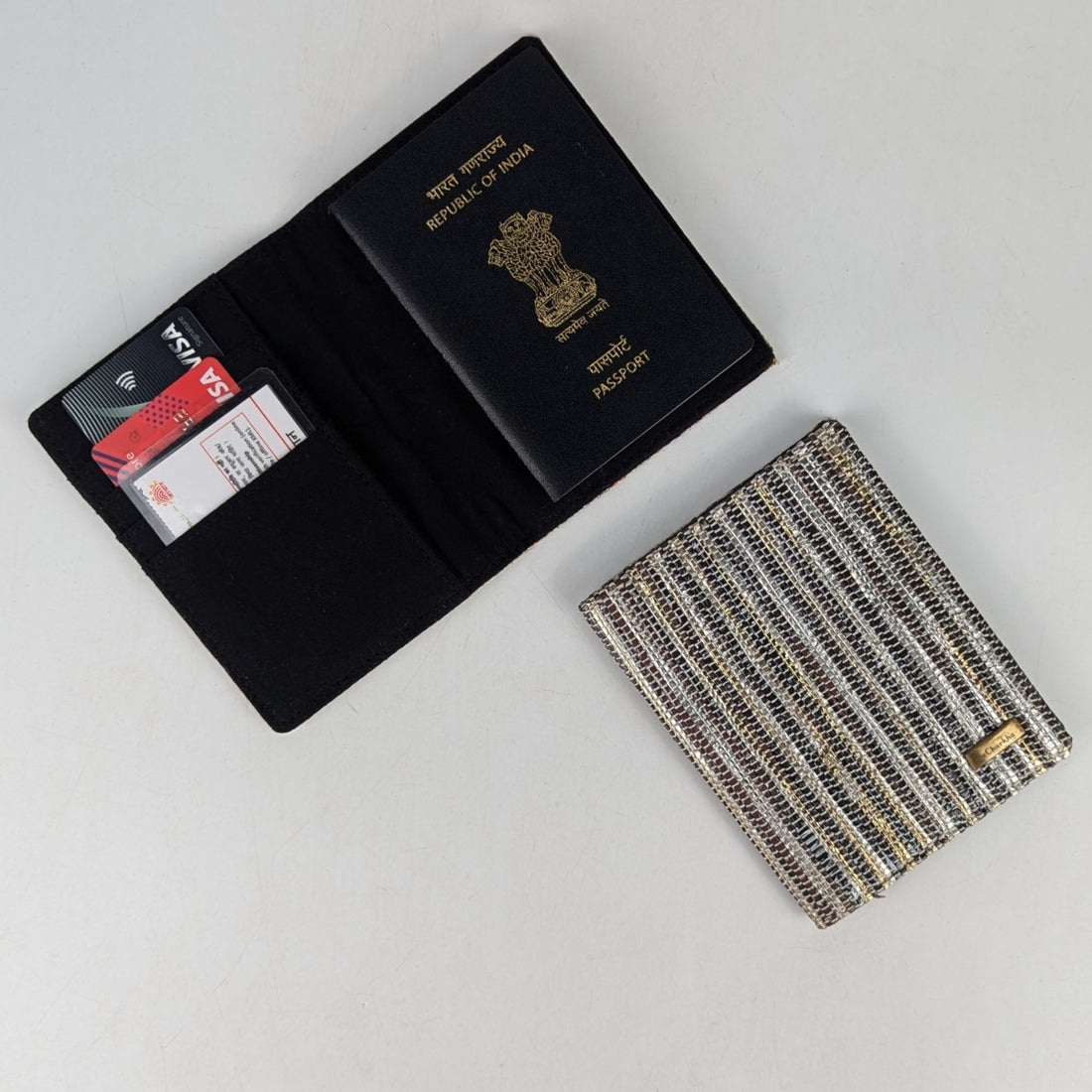 Cassette Tape Brown and Golden Shimmery Striped Upcycled Handwoven Passport Cover (PC1224-001) PS_W