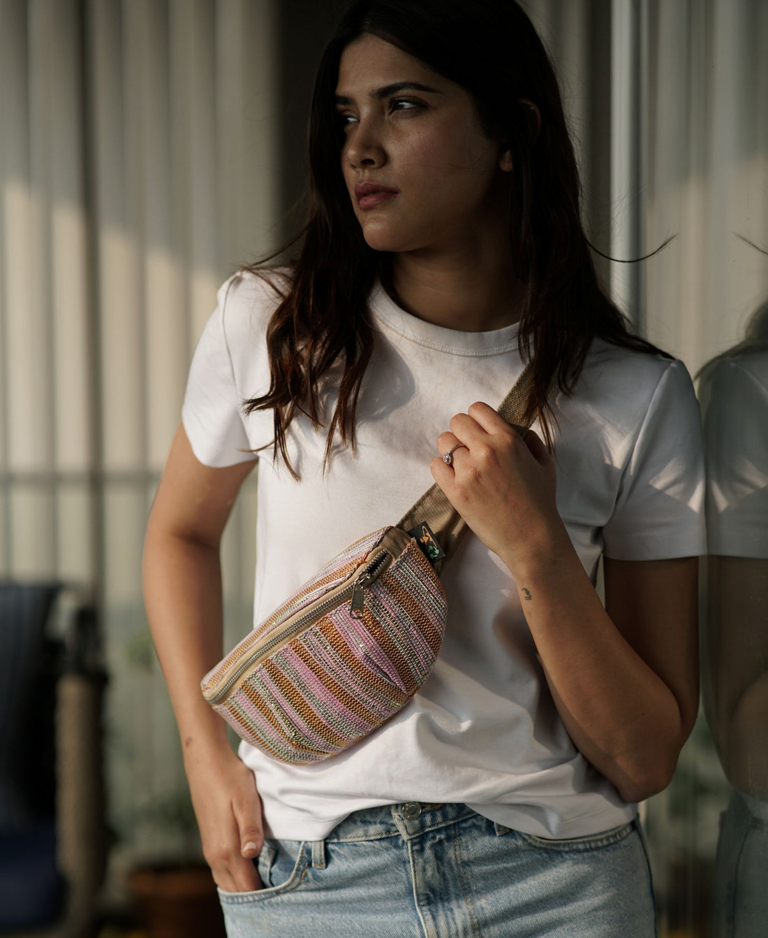 reCharkha X India Hikes - Black Green Yellow Thin Striped Upcycled Handwoven Fanny Pack (FP0724-001) PS_W