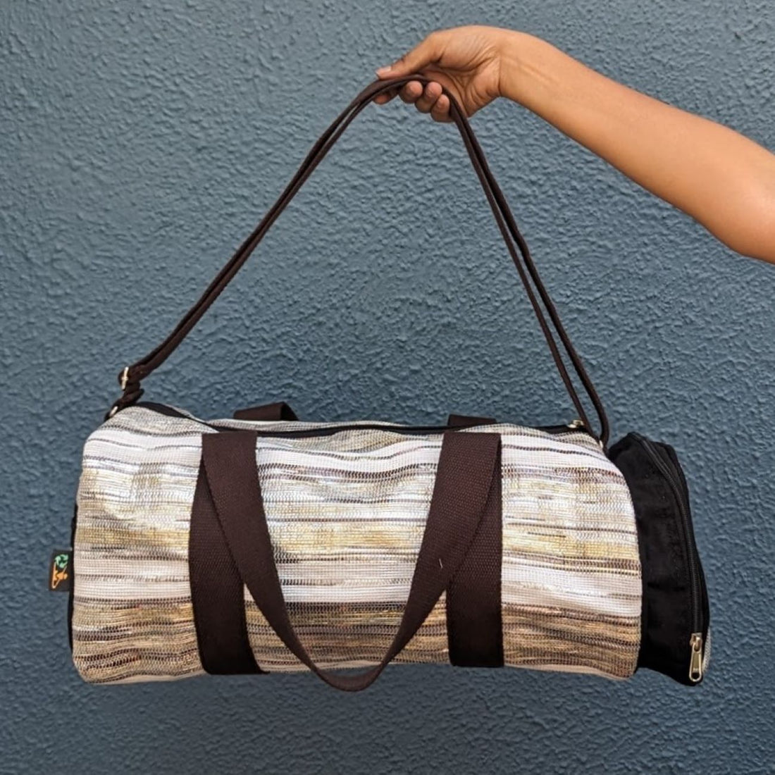 Golden Brown White Striped Waste Plastic Wrappers Upcycled Handwoven Gym Duffle Weekender Bag (GDB0424-008)