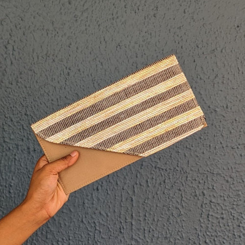 Golden Shimmery and Cassette Tape Brown Striped Waste Plastic Wrappers Upcycled Handwoven Clutch It (CI0424-005)