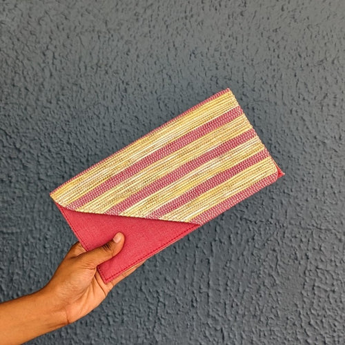 Golden Shimmery and Pink Striped Waste Plastic Wrappers Upcycled Handwoven Clutch It (CI0424-010)