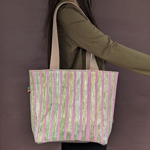 Golden and Pink Shimmery Waste Plastic Wrappers Upcycled Handwoven Shopper Tote (ST0424-027)