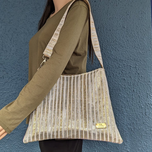 Golden and White Striped Waste Plastic Wrappers Upcycled Handwoven Trapeze Tote (TT0424-005) PS_W