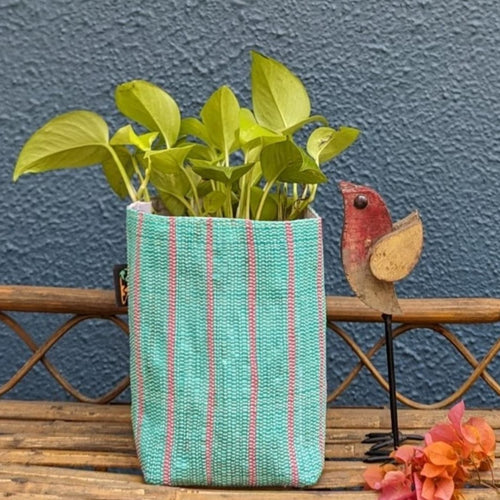 Green with Pink Stripes Waste Plastic Wrappers Upcycled Handwoven Grow Pot Medium (GPM0424-009) PS_W