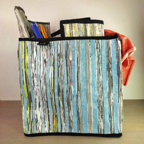 Non Shimmery Blue Collapsible Storage Box Big with Multicolored Stripes (CSBB1023-007)