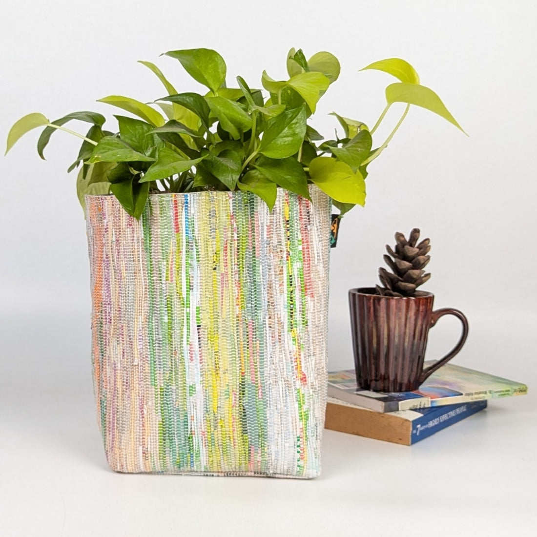 Mix Colors with Green shades Upcycled Handwoven Grow Pot Big (GPB0124-103)