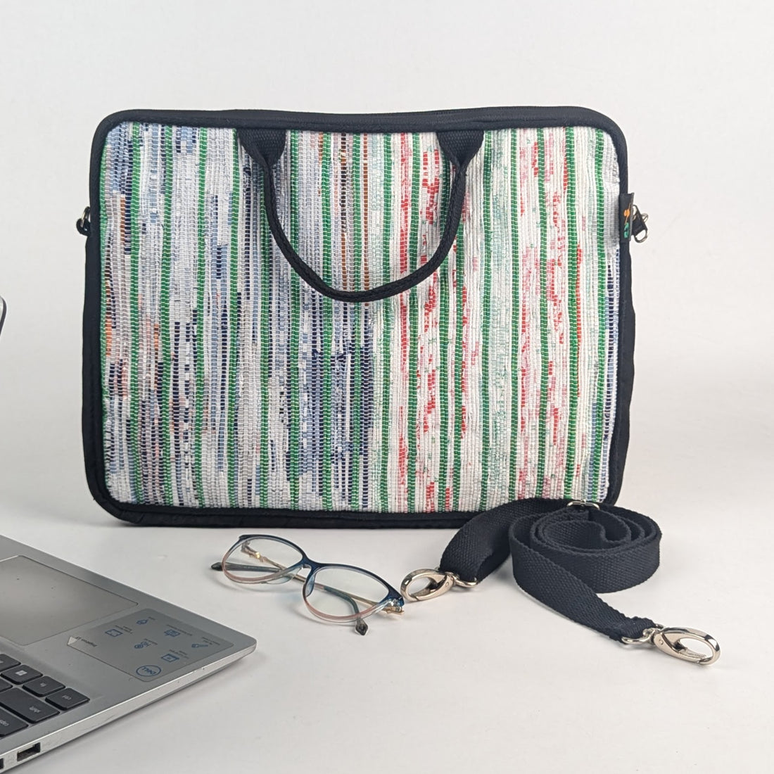 Multi Colour mix  with Green Stripes Upcycled Handwoven Laptop Sleeves 14 inches (LSB140225-005) PS_W