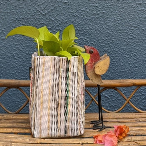 Multicolored Shimmery Striped Waste Plastic Wrappers Upcycled Handwoven Grow Pot Medium (GPM0424-006) PS_W