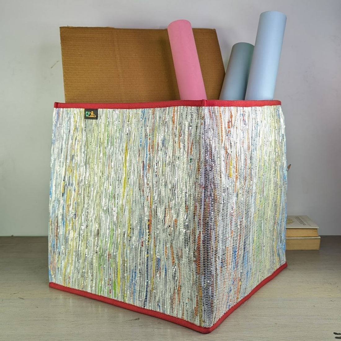 Multicolored Shimmery Waste Plastic Wrappers Upcycled Handwoven Collapsible Storage Basket Big (CSBB0424-017) PS_W