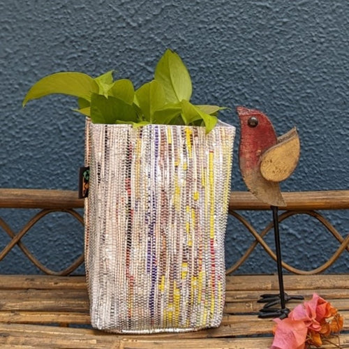 Multicolored Shimmery Waste Plastic Wrappers Upcycled Handwoven Grow Pot Medium (GPM0424-002) PS_W