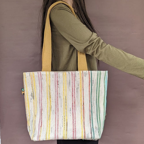 Multicolored Striped Waste Plastic Wrappers Upcycled Handwoven Shopper Tote (ST0424-016)