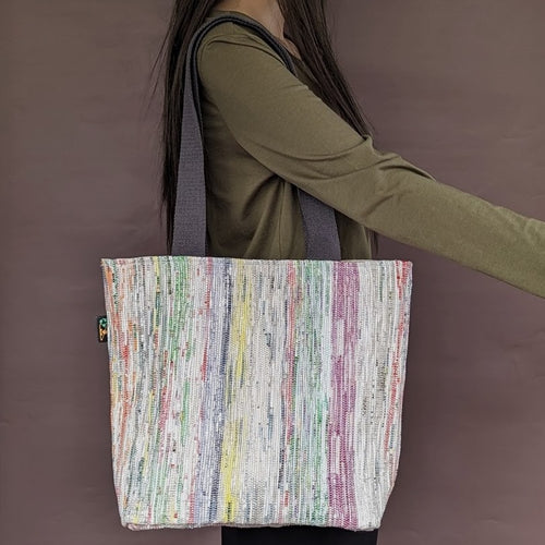 Multicolored Striped Waste Plastic Wrappers Upcycled Handwoven Shopper Tote (ST0424-017)