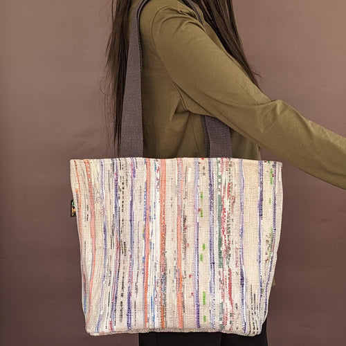 Multicolored Striped Waste Plastic Wrappers Upcycled Handwoven Shopper Tote (ST0424-019)