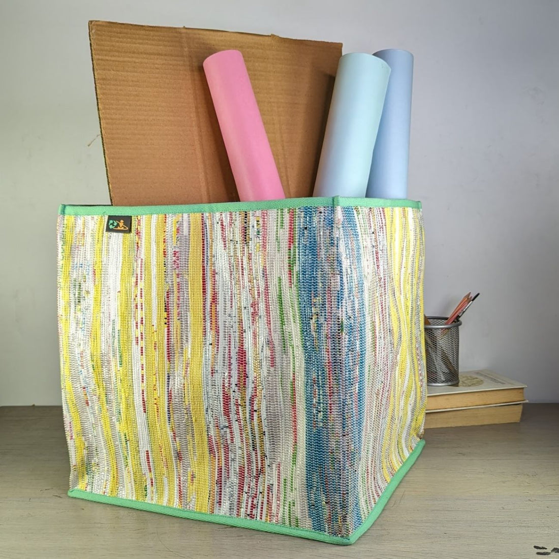Multicolored Waste Plastic Wrappers Upcycled Handwoven Collapsible Storage Basket Big (CSBB0424-003) PS_W