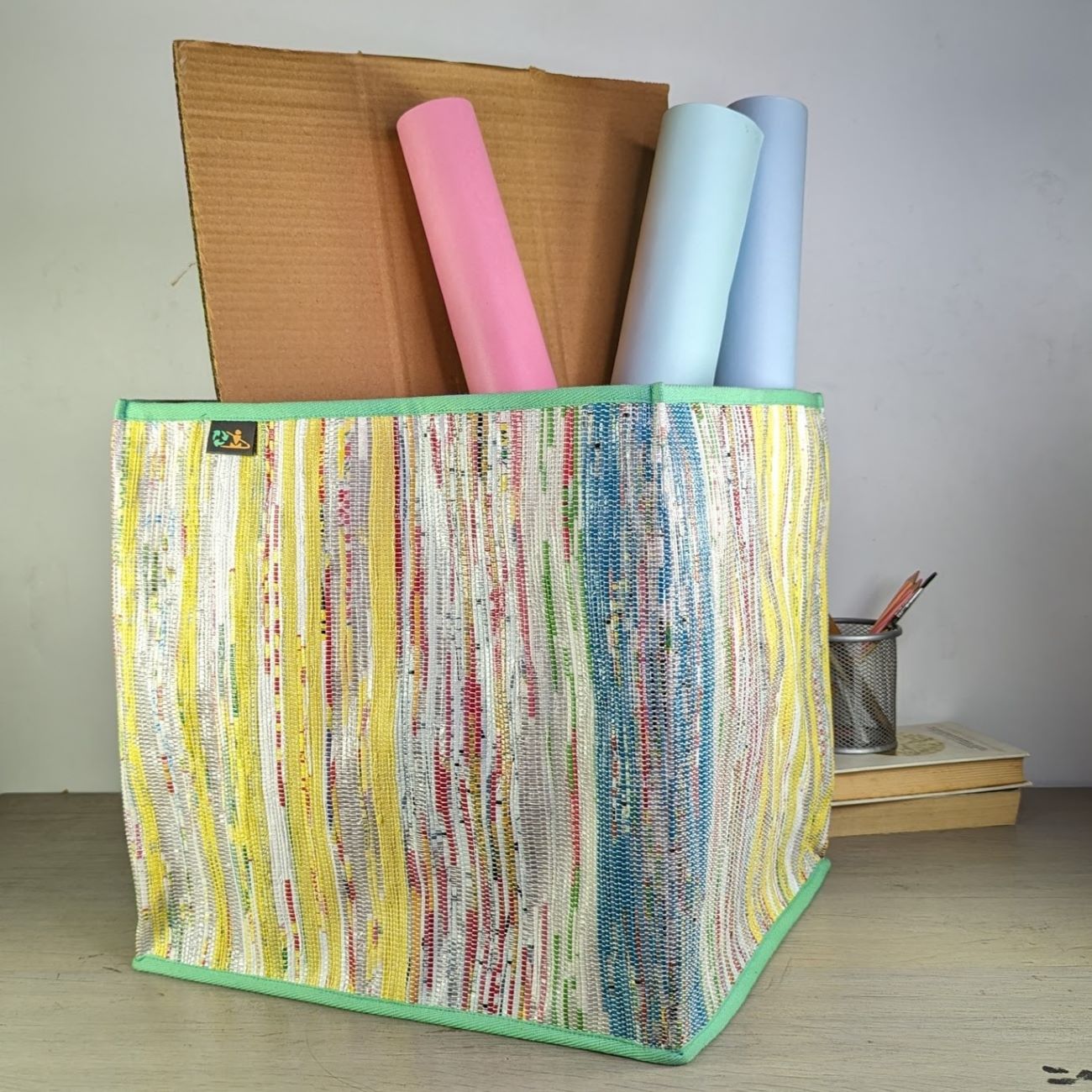 Multicolored Waste Plastic Wrappers Upcycled Handwoven Collapsible Storage Basket Big (CSBB0424-003) PS_W