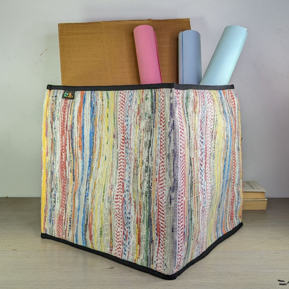 Multicolored Waste Plastic Wrappers Upcycled Handwoven Collapsible Storage Basket Big (CSBB0424-018) PS_W