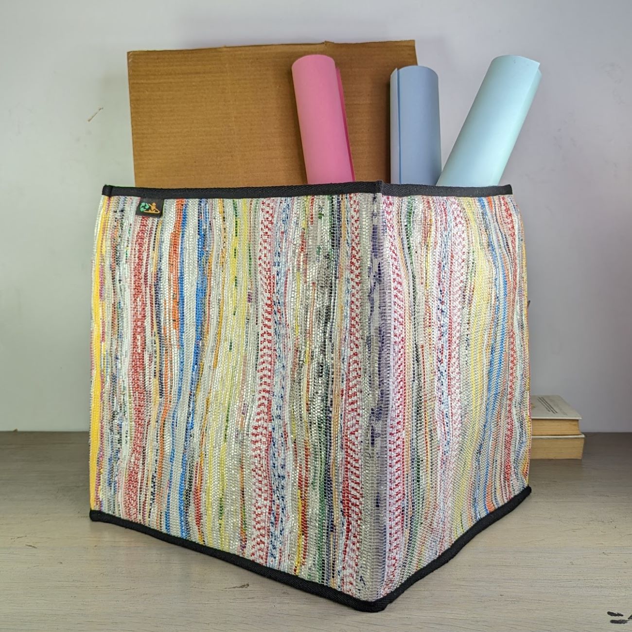 Multicolored Waste Plastic Wrappers Upcycled Handwoven Collapsible Storage Basket Big (CSBB0424-018) PS_W