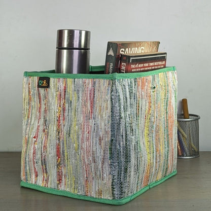 Multicolored Waste Plastic Wrappers Upcycled Handwoven Collapsible Storage Basket Medium (CSBM0424-007) PS_W
