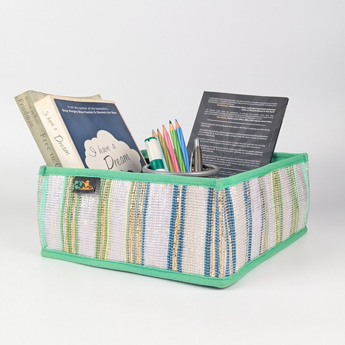 Multicolored Shimmery Striped Upcycled Handwoven Collapsible Storage Basket Small (CSBS0125-002) PS_W