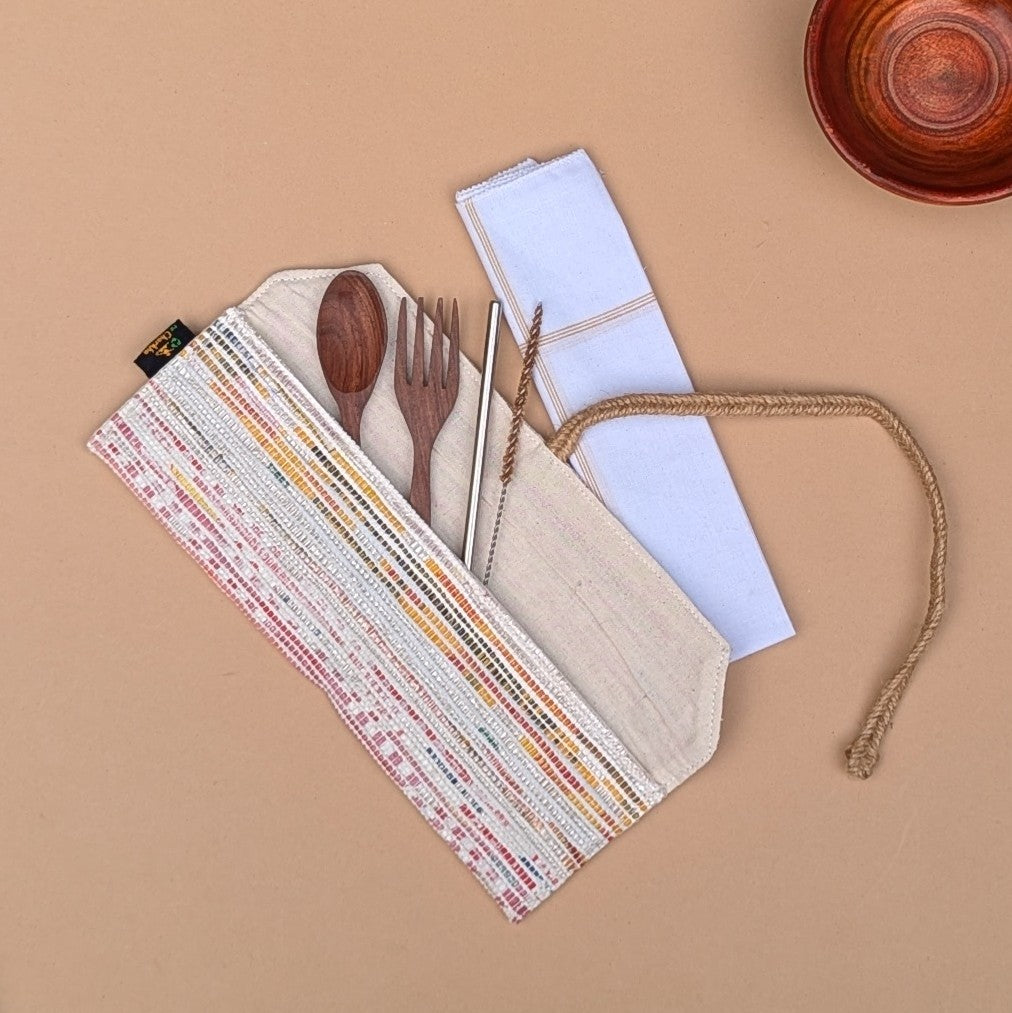 Multicolored Shimmery Striped Upcycled Handwoven Cutlery Kit (CK1224-008) PS_W