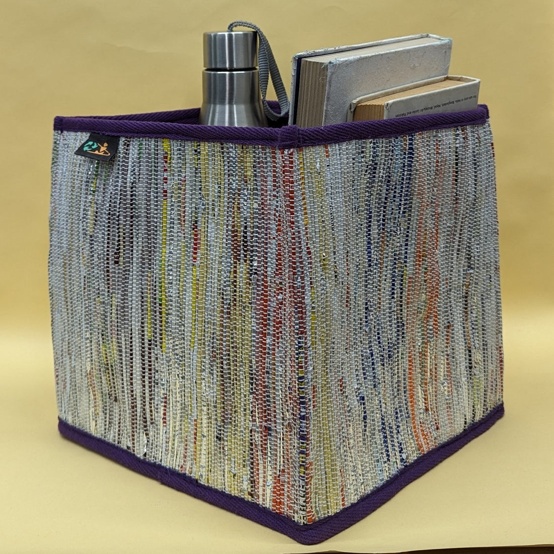 Multicolored Shimmery Upcycled Handwoven Collapsible Storage Basket Medium (CSBM0824-004) PS_W