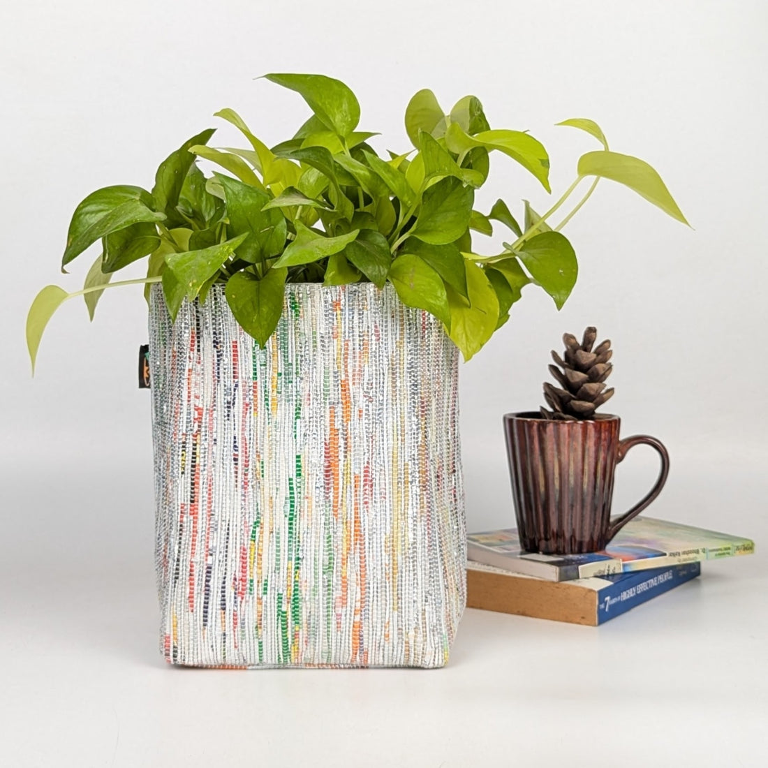 Multicolored Shimmery Upcycled Handwoven Grow Pot Big (GPB1224-004)
