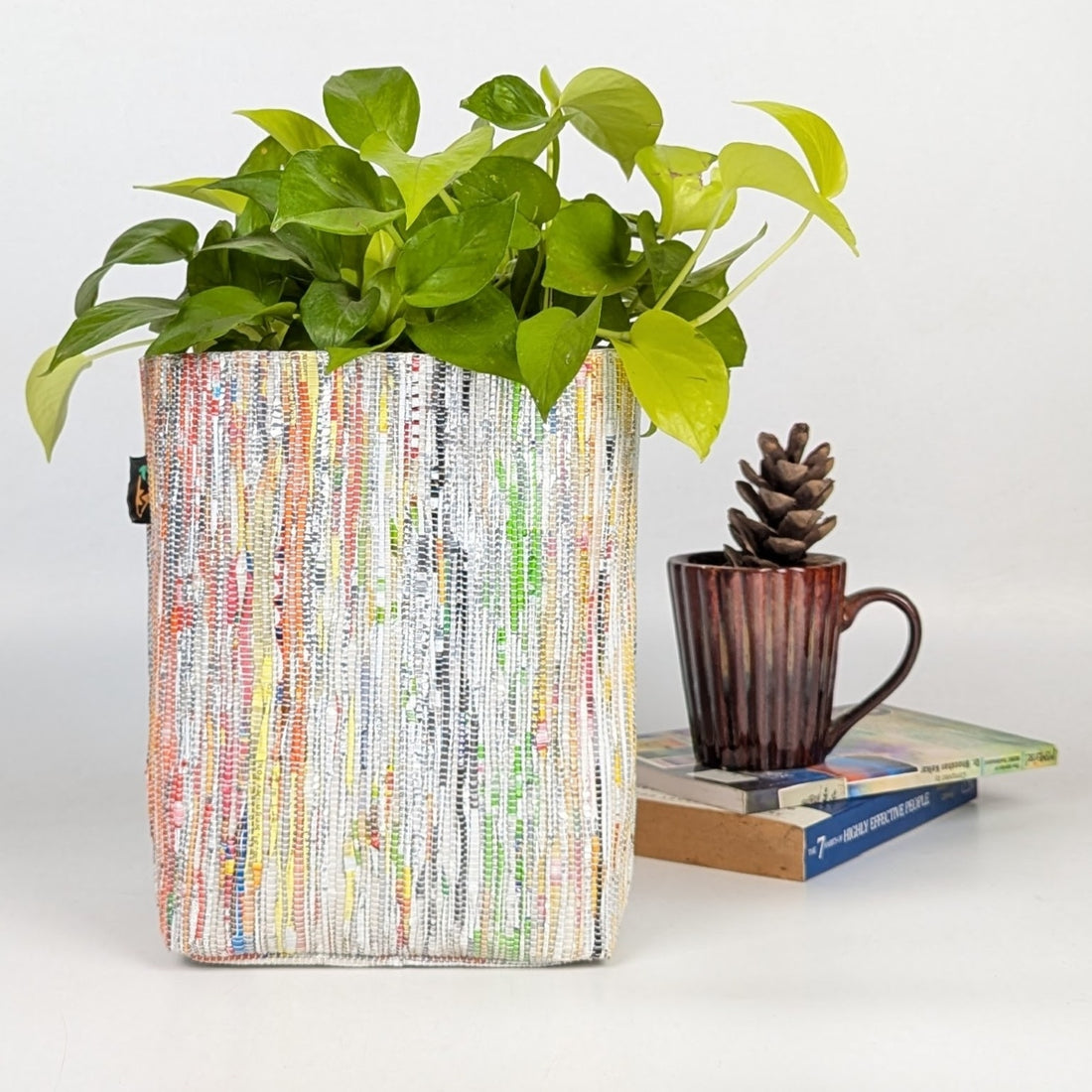Multicolored Shimmery Upcycled Handwoven Grow Pot Big (GPB1224-008)